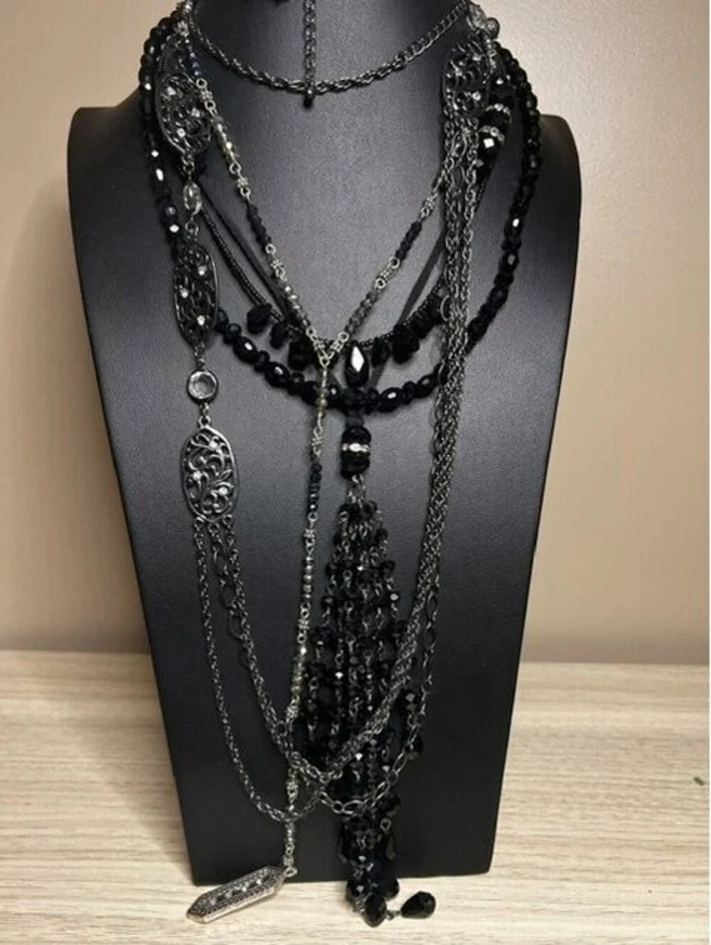 B6616 5pc lot Black Bead Crystal Silver Tone Statement Necklace gothic romance